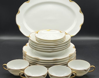 Silver Anniversary Gold Trim White Haviland Limoges France Dinner Plates, Bowls, Tea Cups & Saucers, or 14” Oval Platter Scalloped