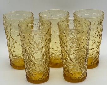 Yellow Amber Crinkle Glasses Tumblers Set of 5 - Size 5.5'