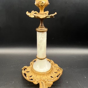 Alabaster and Gold Candle Holder Marble Metal Brass Ornate 9”