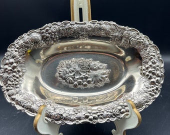 Silver Plated Ornate Dish Soap Dish Decorative Tray 8” Floral Wildflowers Roses