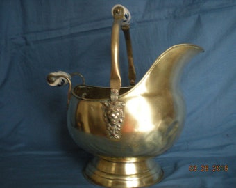 Polished Brass Coal Scuttle with Brass Metal Lions Head and Ceramic Handles