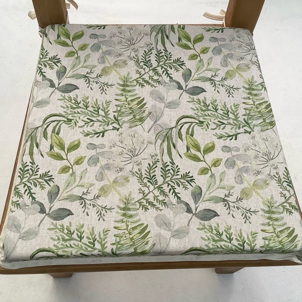 Green & Grey Floral Natural Linen Look Tapered Square Shaped Chair Seat Pads (To Fit Seats Approx.16"x 16")