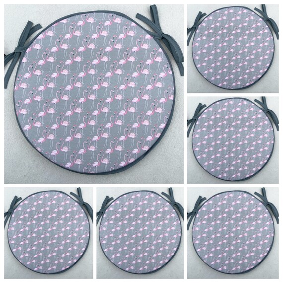 14"ACROSS SET OF 4 PINK FLAMINGO PRINT ROUND BISTRO STYLE CHAIR SEAT PADS 