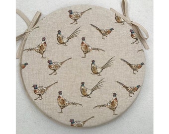Country Pheasant Print, Round Bistro Style Chair Seat Pads, 3 Sizes 12" 14" 16" Wide (Sets of 2, 4 and 6)
