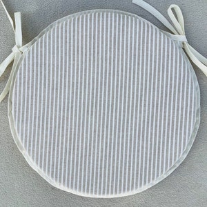 White & Taupe Ticking Stripe Round Bistro Style Chair Seat Pads , 3 Sizes, 12" 14" 16" Wide (Sets of 2, 4 and 6)