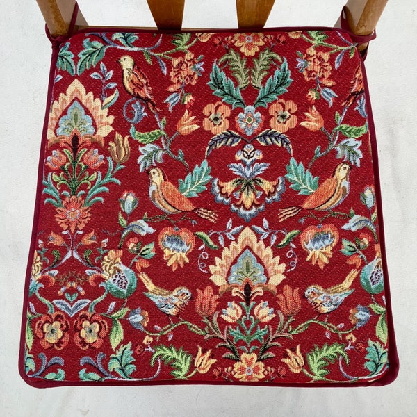 Red William Morris Style Tapestry Weave, Tapered Square Shaped Chair Seat Pads, (To Fit Seats Approx.16"x 16")