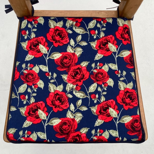 Blue Rose Print Tapered Square Shaped Chair Seat Pads, (To Fit Seats Approx.16"x16") Sets of 2,4,6