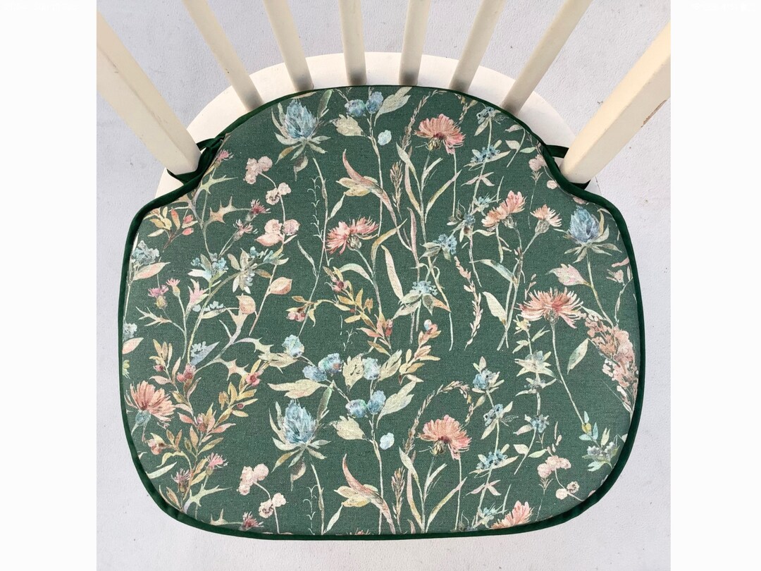 Green Floral Print Spindle Back Shape Chair Seat Pads to Fit Seats