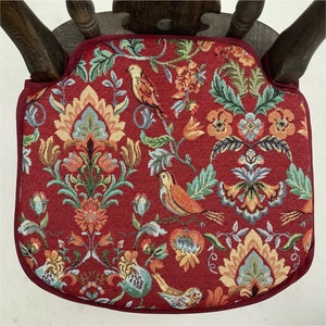 Smaller Spindle Back Shape Chair Seat Pads (14” Wide x 13” Deep) Red William Morris Inspired Tapestry Weave Bird Pattern