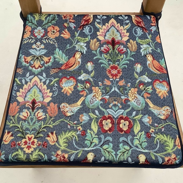 Navy Blue William Morris Style Tapestry Weave, Tapered Square Shaped Chair Seat Pads, (To Fit Seats Approx.16"x 16")