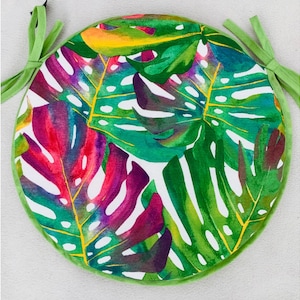 Tropical Leaves Print Round Bistro Style Chair Seat Pads, 2 x Sizes: 14”& 16”Wide, (Sets of 2, 4, 6)