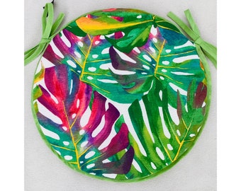 Tropical Leaves Print Round Bistro Style Chair Seat Pads, 2 x Sizes: 14”& 16”Wide, (Sets of 2, 4, 6)