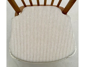 Smaller Spindle Back Shape White & Beige Ticking Stripe Chair Seat Pads (14” Wide x 13” Deep)