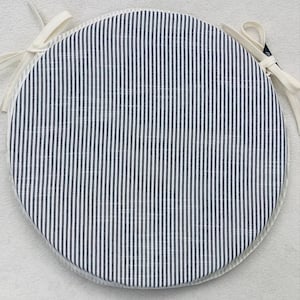 Charcoal Grey & White “Bempton Stripe” Round Bistro Style Chair Seat Pads , 3x Sizes, 12”,14",16” Wide (Sets of 2, 4, 6)