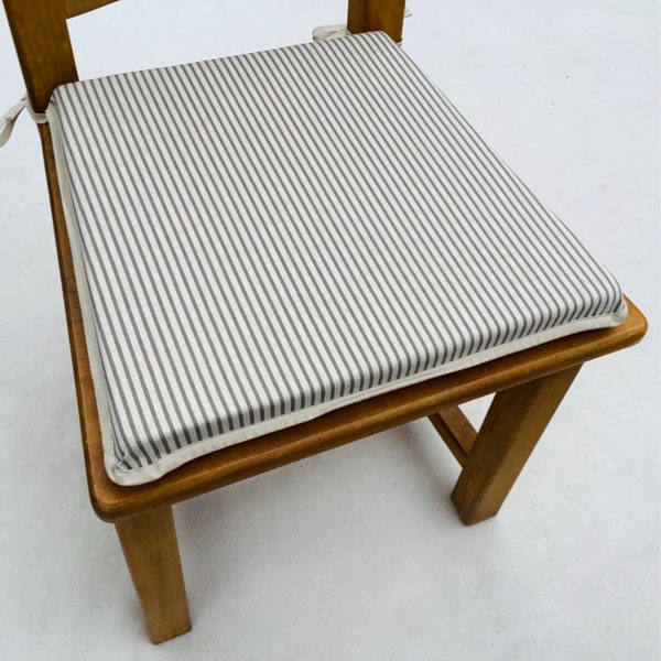 Grey & Beige Ticking Stripe Linen Look Tapered Square Shaped Chair Seat Pads (To Fit Seats Approx.16"x 16")