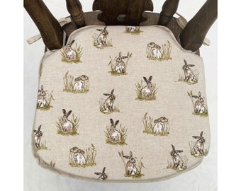 Smaller Spindle Back Shape Chair Seat Pads (14” Wide x 13” Deep) Country Hares Print