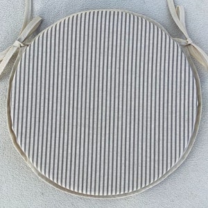 Grey & Beige Ticking Stripe Round Bistro Style Chair Seat Pads , 3 Sizes, 12" 14" 16" Wide