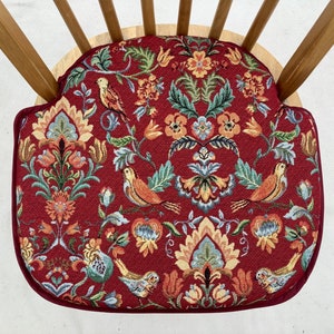 Deep Red William Morris Inspired Floral Bird Pattern” Spindle Back Shape Chair Seat Pads (To Fit Seats Approx.17"x 15")