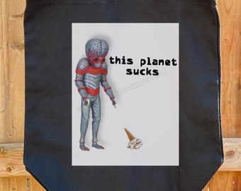 Canvas Tote Bag, Space, Mutant, Alien, UFO, ice cream, reusable, handbag, scifi, classic monster, backpack, purse, alt fashion, School