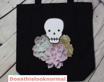 Canvas Tote Bag, Succulent, Skull, reusable, handbag, nature, flowers, macabre, bones, horror, alt fashion, backpack, purse,   School