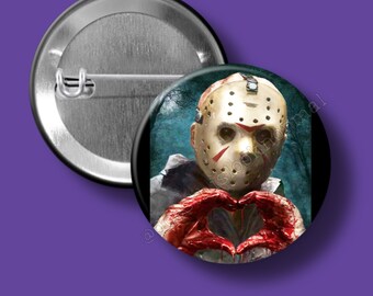 Pinback Button, 1.25in, Hockey Mask, killer, Heart Hands, slasher film, horror movie, camp, haunted, backpack, alt fashion, weird, pins,