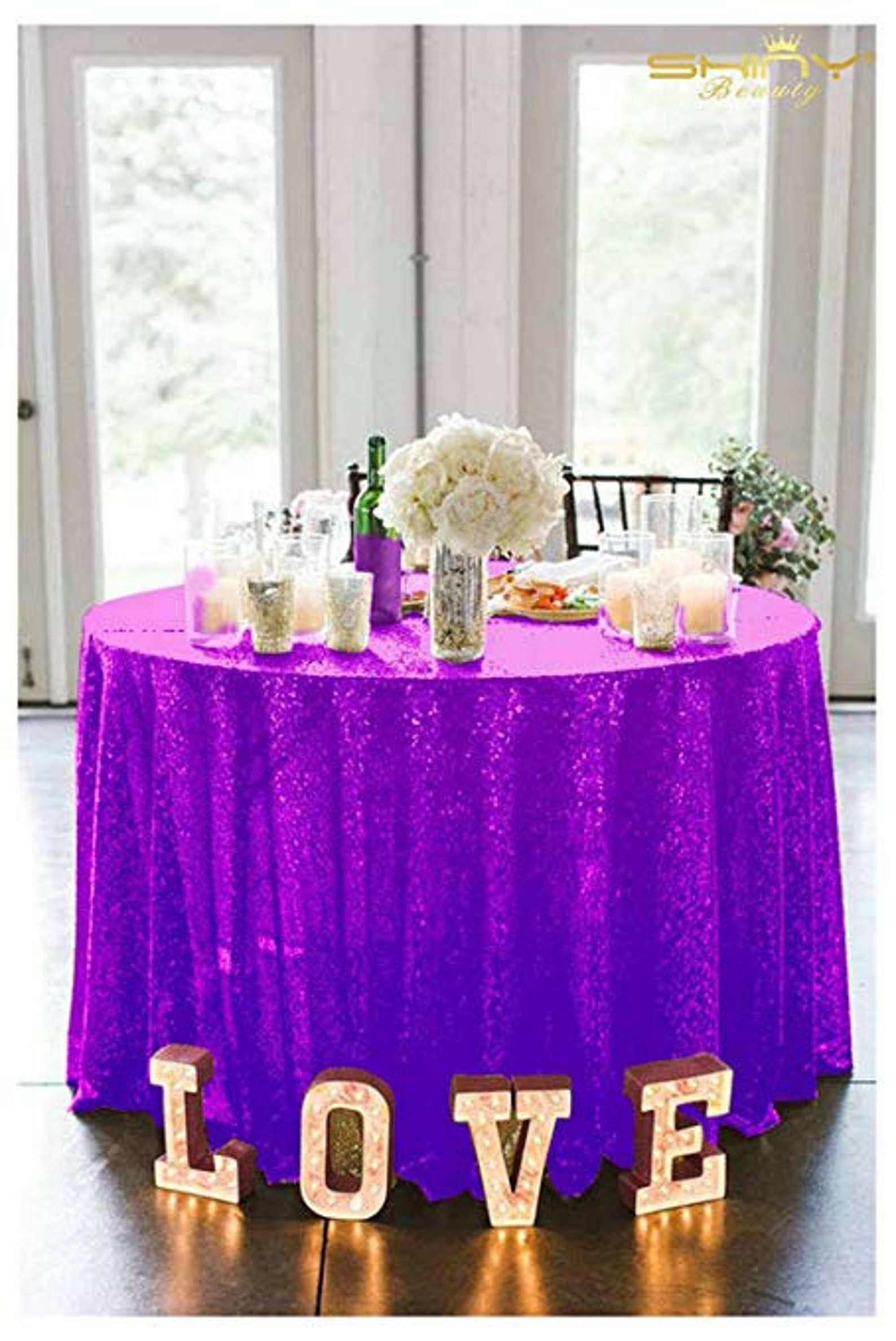 Purple Sequin Tablecloth, Glitz Purple Tablecloth, Purple Sequin Linen, Great Gatsby Theme