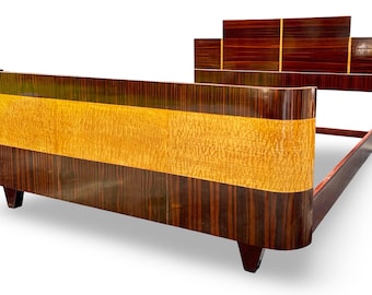 1930s Italian Art Deco Burl Maple and Macassar waterfall Queen Bed