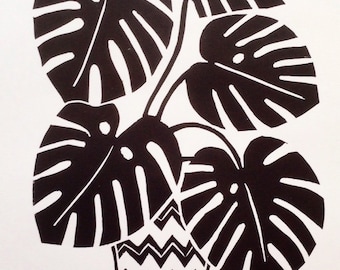 Monstera plant, hand printed linocut art print