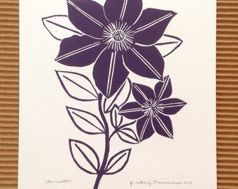 Clematis plant, hand printed Linocut art print