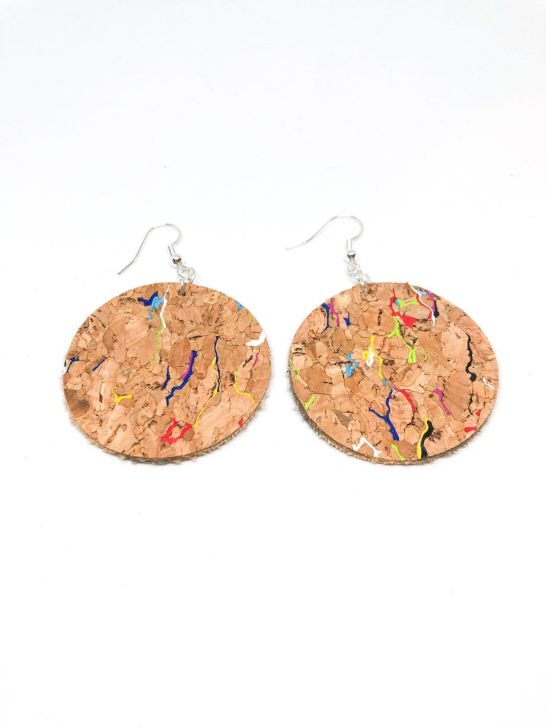 Bohemian jewellery Round drop earrings Statement earrings Cork fabric earrings Rainbow jewellery Drop earrings Faux leather jewellery
