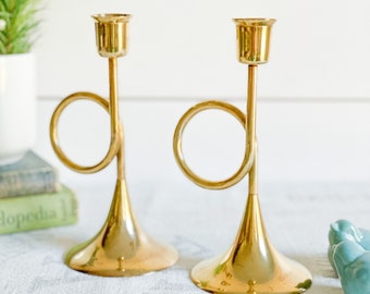 Brass French Horn Shaped Candlesticks; Holiday Taper Candle Holders; Brass Candlestick Holders; Christmas Mantel Decor, Table Centerpiece