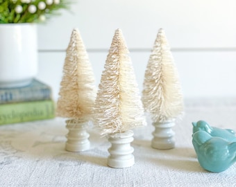 Set of Creamy White Bottle Brush Trees on Vintage Insulator Base; Vintage-Style Sisal Trees on Porcelain Insulator; Mini Cream White Trees