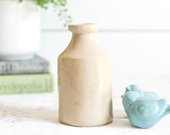 Antique Stoneware Ink Bottle; Cream Stoneware Ink Pot; Antique Inkwell; Ink Well Jar; Antique English Advertising; Rustic Farmhouse Bud Vase