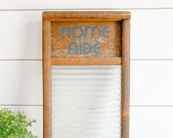 Vintage Wooden Wash Board with Glass Insert; Home Aide Glass Washboard; Primitive Wood Wall Hanging; Rustic Farmhouse Laundry Room Decor