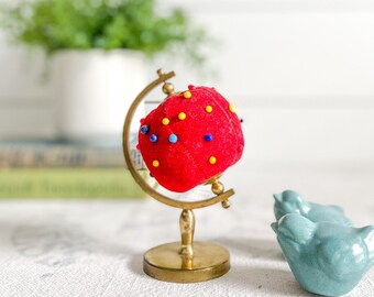 Vintage Red Velvet Globe Pincushion; Rare Globe Pincushion with Brass Base; Unique Sewing Notions, Accessory; Seamstress Gift; Gift for Her