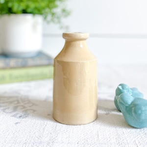 May include: A beige ceramic bottle with a narrow neck and a rounded body. The bottle is displayed on a white patterned surface, with a blurred background featuring greenery and books. Two small blue bird figurines are to the right.
