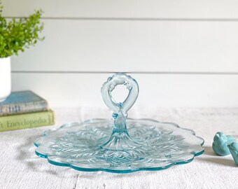 Vintage Jeannette Blue Glass Serving Tray w/Center Handle - Feather Pattern; Aqua Blue Handled Platter, Server; Mid Century Sandwich Plate