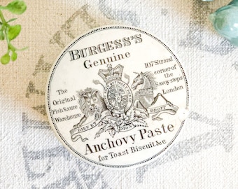 Antique Burgess Anchovy Paste Pot w/Lid; White English Advertising Stoneware Jar with Black Transfer; Ironstone Lidded Pot; Pot Lid and Base