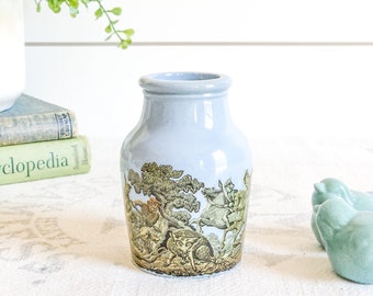 Antique Blue Prattware English Advertising Pot; Blue Stoneware Potted Meat Jar w/Hunting Scene; Ironstone; Stoneware; Rustic Farmhouse Vase