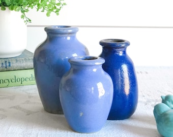 Set of Antique Polish Ronuk Bottles - Instant Collection; Blue Stoneware Pots, Jars; Rustic Farmhouse Bud Vases; Birthday, Housewarming Gift