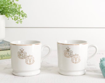 Set of Two Hall China Coffee/Tea Hotel Ware Mugs; Pharmacy Emblem & Medical Caduceus Mugs; Pharmacist, Doctor, Graduation Gift; Shaving Mugs