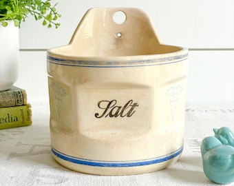 Stained and Crazed Ironstone Salt Box, sans Lid; Blue Striped Hanging Salt Cellar, Early 1900's