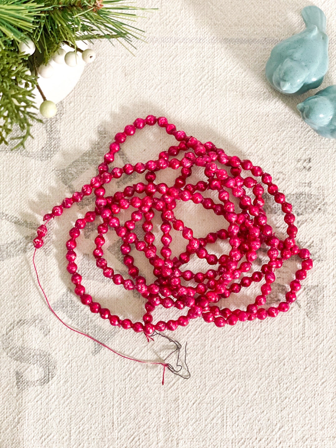 91.5 Vintage Dark Pink Mercury Glass Beaded Christmas Garland Feather