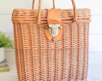 Vintage Wicker Basket w/ Leather Clasp; Woven Harvest, Gathering, Picnic, Market Basket w/ Double Handles; Handled Farmhouse Flower Basket