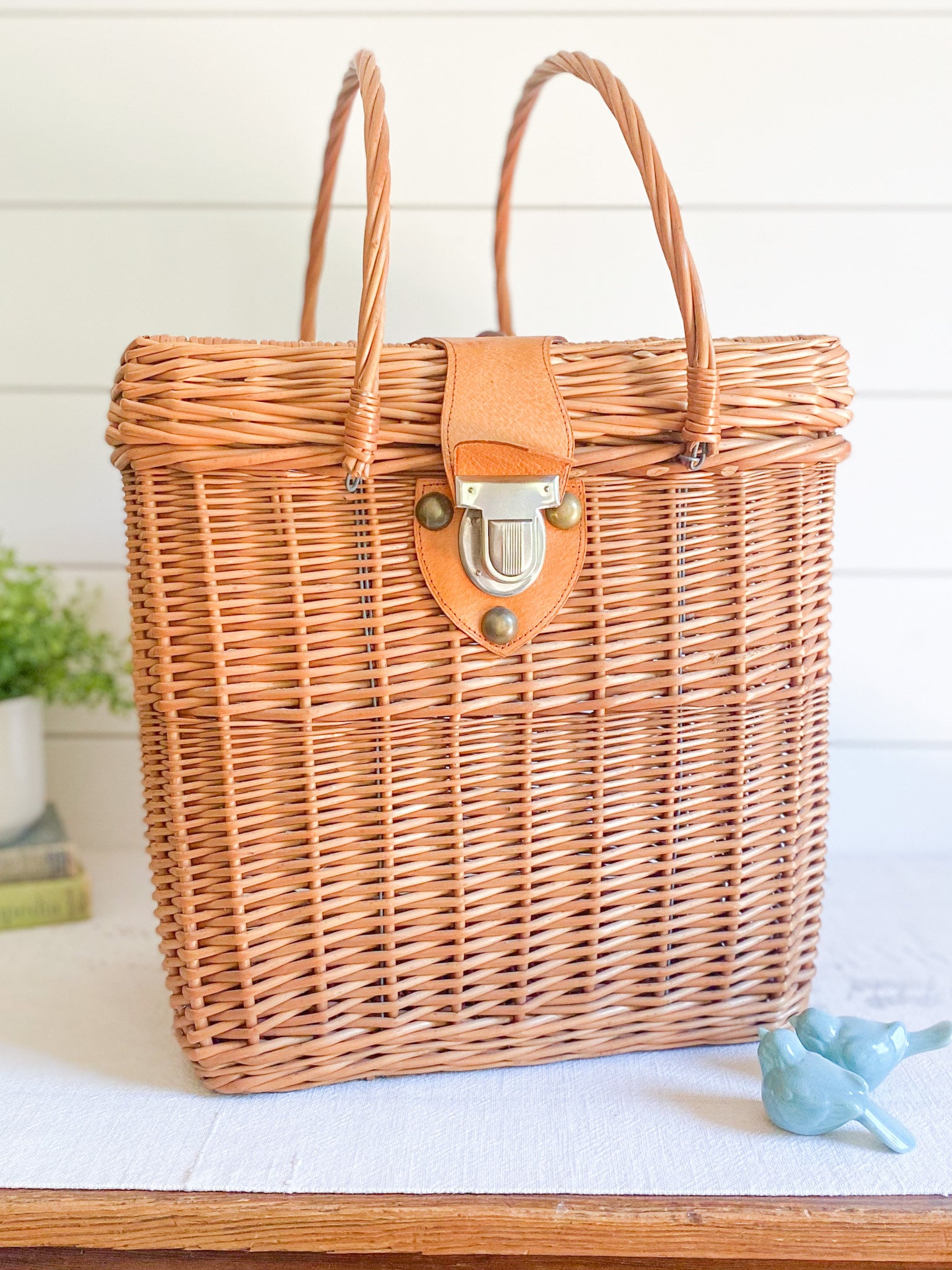 Vintage Wicker Basket W/ Leather Clasp; Woven Harvest, Gathering