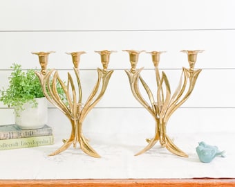 Pair of Vintage Brass Floral Candelabras | Mid-Century Tulip Candle Holders