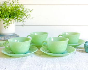 Vintage Set of Jadeite Fire King Alice Teacups & Saucers; Jadite Mint Green Milk Glass Floral Tea Set; Jade-Ite Coffee, Tea Cups, Saucers