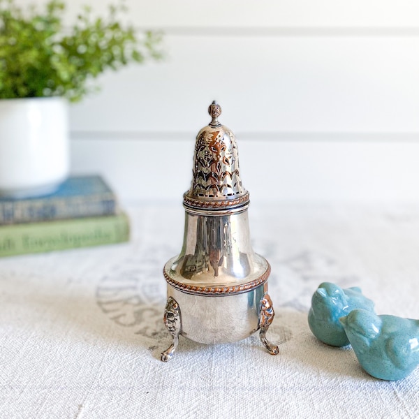 Vintage Silver Plated Sugar Sifter; Silverplate Footed Sugar Caster, Muffineer; Victorian-Style Footed Salt & Pepper; Housewarming Gift