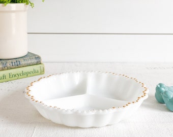 Vintage White Milk Glass Divided Serving Dish with Gold Hobnail Edge; White Glass Scalloped Relish, Appetizer Dish; Serving Bowl, Platter