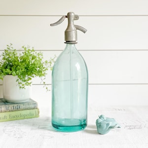 Antique Aqua Glass Seltzer Bottle; Carbonated Beverage Siphon; Tonic Water Dispenser; Soda Fountain Barware; Farmhouse Decor